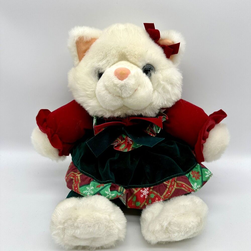 90's Christmas Holiday White Cat 12" Plush Stuffed Animal Toy Tb Trading